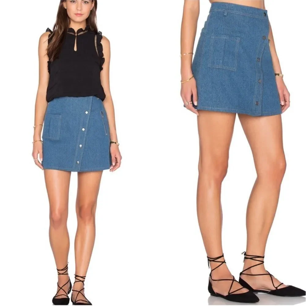 JOA Los Angeles Blue Denim Snap Front A-Line Mini Skirt Sz L NWT